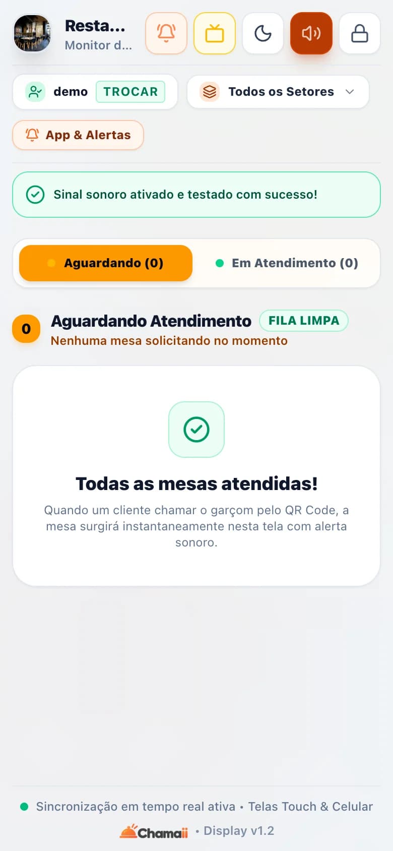 Modo TV do salão aberto no celular do garçom